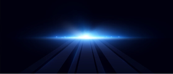 Bright blue glow of lens flare radiates from the center horizon on a dark background. Light burst effect for lens reflections, tech promos, abstract interfaces, or sci-fi environment scenes.

