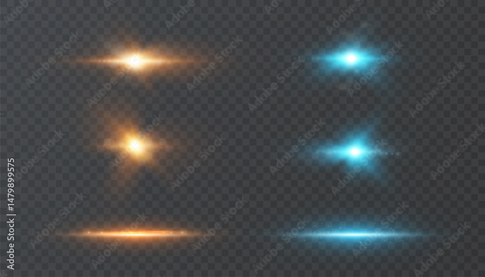 Aufkleber bright glowing flash with rainbow sparks and glow effect in orange and blue colors. a set of flashes