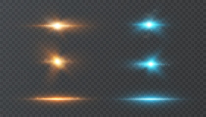 Bright glowing flash with rainbow sparks and glow effect in orange and blue colors. A set of flashes and stars for magic, explosions, HUD or interface design on transparent background.