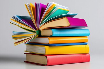 Colorful Books Stacked with Fanned Pages on Gray Background