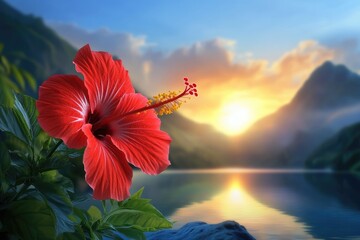 Stunning hibiscus flower by a tranquil lake at sunrise
