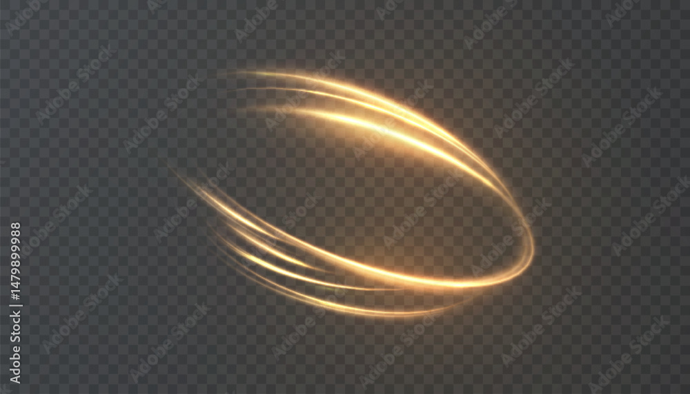 Poster golden curved light paths forming a glowing arc on a transparent background. ideal for sci-fi energy