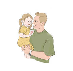 Hand drawn illustration of father holding daughter with card. Illustration on a transparent background. Father's day.
