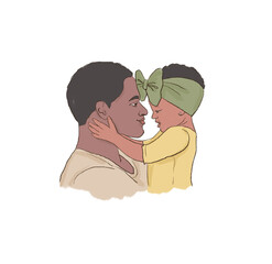 Hand drawn illustration of black father holding daughter. Illustration on a transparent background. Father's day.