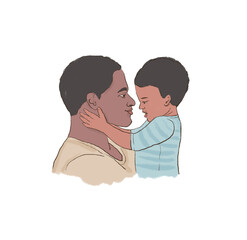Hand drawn illustration of black father holding son. Illustration on a transparent background. Father's day.