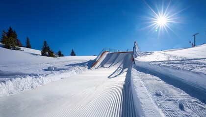 Fototapeta premium snow covered ski jump under a bright sun in a clear blue sky