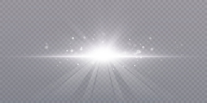 White explosion of bright lens light and glowing dust particles on transparent background. For magical visual effects, backlight overlays in design projects.