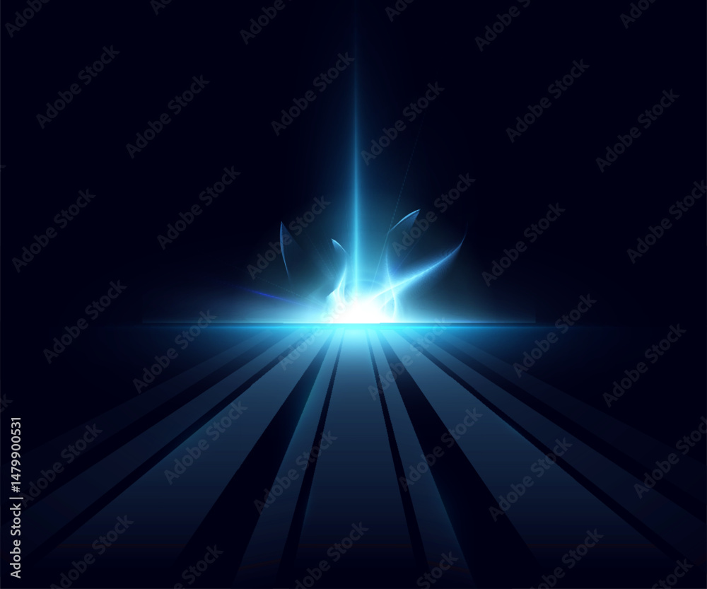 Poster bright blue energy beam with vertical glow comes out from the center horizon for dark background. li