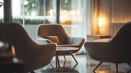 Fototapeta premium A living room with a table and two chairs