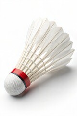 Single badminton shuttlecock with white feathers and red collar on white background