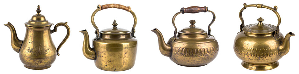 Set of Antique Metal Teapot Kettle PNG set Transparent background