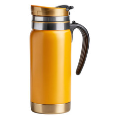 Bright Yellow Travel Mug with Gold Accent and Black Handle for Coffee or Tea on White Background