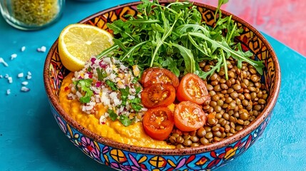 Colorful Lentil Bowl with Hummus and Fresh Vegetables