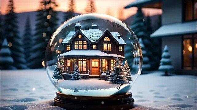 Magical glass ball with tiny modern house inside near big real cozy house with lights in windows in winter. Gift dream for Christmas, New Year. Insurance, mortgage, purchase real estate dream house.