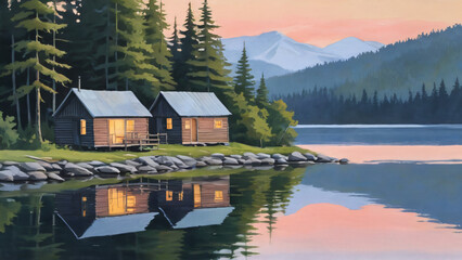 Fototapeta premium Scenic Lakefront Cabins at Sunset with Mountain Reflection. Two cozy lakeside cabins reflect on a calm water surface, set against a backdrop of mountains.