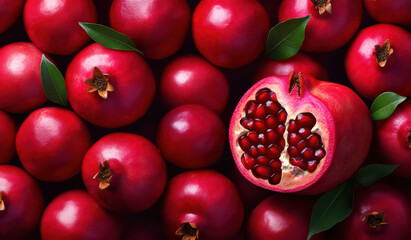 A close up of a bunch of red pomegranates with one of them cut open. Fruits, Background