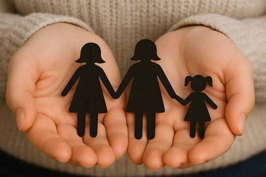 lasbian couple with child, daughter, symbolic, homosexual couple, family, love, relationship, married, pride, queer, gay