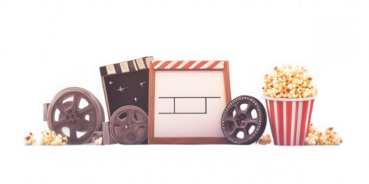 Movie Night Elements with Popcorn Clapperboard and Film Reels Arranged Together on transparent background - Powered by Adobe