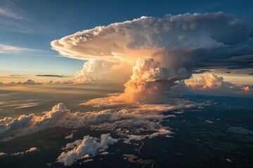 Dramatic anvil shaped cloud formation at sunset over lush landscape