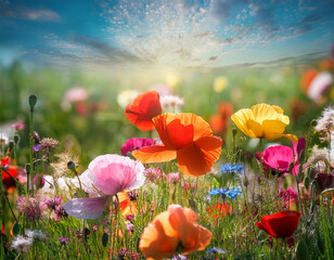 Obraz premium Colorful poppies field in a hot spring day. Nice colorful poppy field in spring..