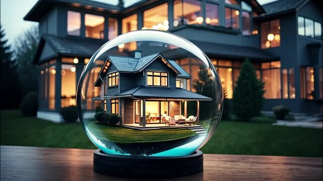 Magical glass ball with tiny modern house inside near big real cozy house with lights in windows in winter. Gift dream for Christmas, New Year. Insurance, mortgage, purchase real estate dream house.