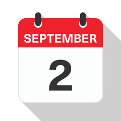 September 2 Daily Calendar. Red Theme on White Background