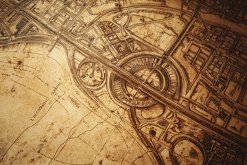 Naklejka premium An old city map with sepia tones and decorative borders, giving a vintage navigation feel