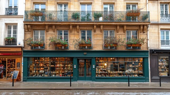 Building facade with green window shop and balconies