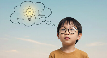 Young child looking curious and thoughtful while solving a math problem with a lightbulb above his head in a bright blue setting