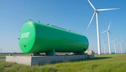 Eco-friendly hydrogen power setup with bright green tank and wind turbines on concrete base