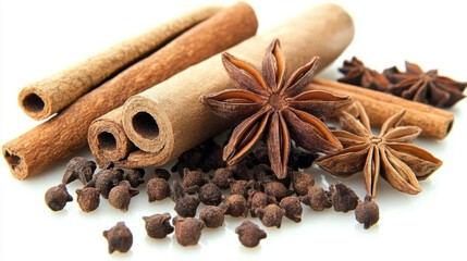 Star anise cassia bay leaf clove on white background Chinese traditional medicine herbs