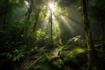 Sunbeams in Lush Rainforest.