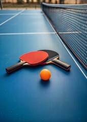 Orange ping pong ball with red and black paddles on blue table