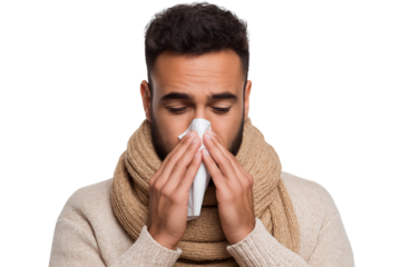  man blowing his nose with tissue isolated on white background