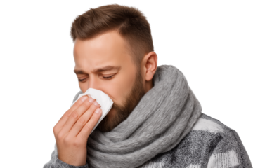 man blowing his nose with tissue isolated on white background