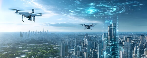 Aerial view of drones over a futuristic cityscape.