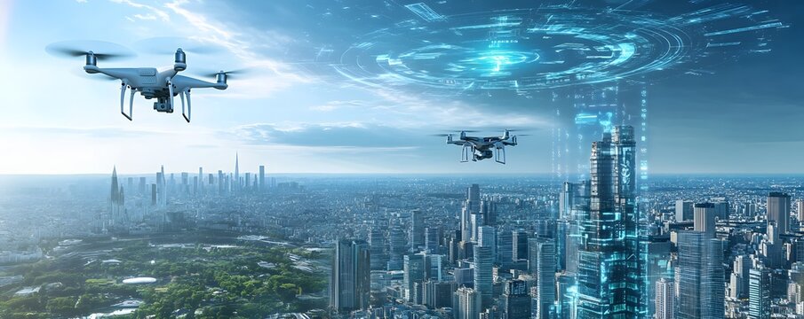 Aerial view of drones over a futuristic cityscape.
