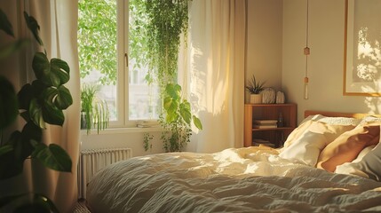 Cozy bedroom interior design with plants and sunlight streaming through window home calm warm decor