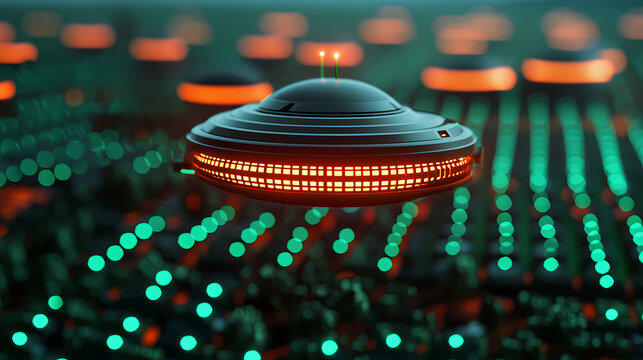 A futuristic UFO hovers above a glowing, circuit-like landscape with vibrant teal and orange lights.
