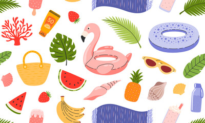 Cute beach seamless pattern. Summer picnic background. Tropical vacation. Travel, beach, summertime accessory. Hand drawn vector illustration 