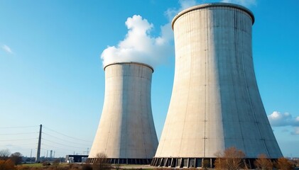 Fototapeta premium Large industrial cooling towers against a blue sky Efficient energy production, heat dissipation, infrastructure , infrastructure, architecture, industrial building