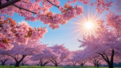 Cherry Blossom Trees in Full Bloom Under the Spring Sun