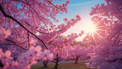 Cherry Blossom Trees in Full Bloom Under the Spring Sun