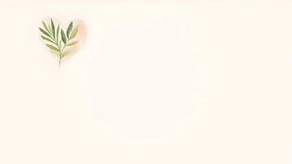 A delicate illustration featuring a soft pink background with a gentle cloud-like frame and a single green leafy branch in the upper left corner.