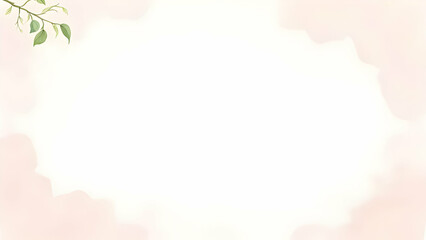 Obraz premium A delicate illustration featuring a soft pink background with a gentle cloud-like frame and a single green leafy branch in the upper left corner.