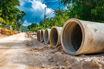 Large concrete pipes beside a dirt road under a blue sky