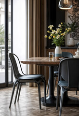 Dining area with slim-line metal chairs and brown-toned wooden table