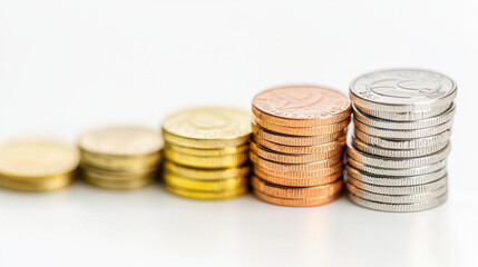 Collection of coins arranged in gradient, showcasing various colors and sizes, symbolizing currency and value