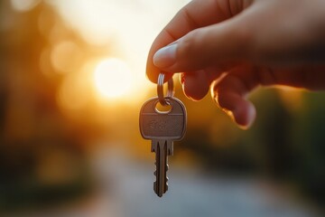 Hand Holding Metal Key Against Warm Sunset Background Outdoors