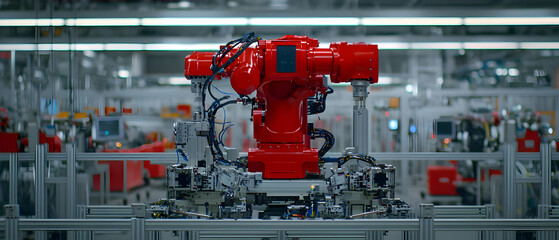 Red Industrial Robot In Factory Setting